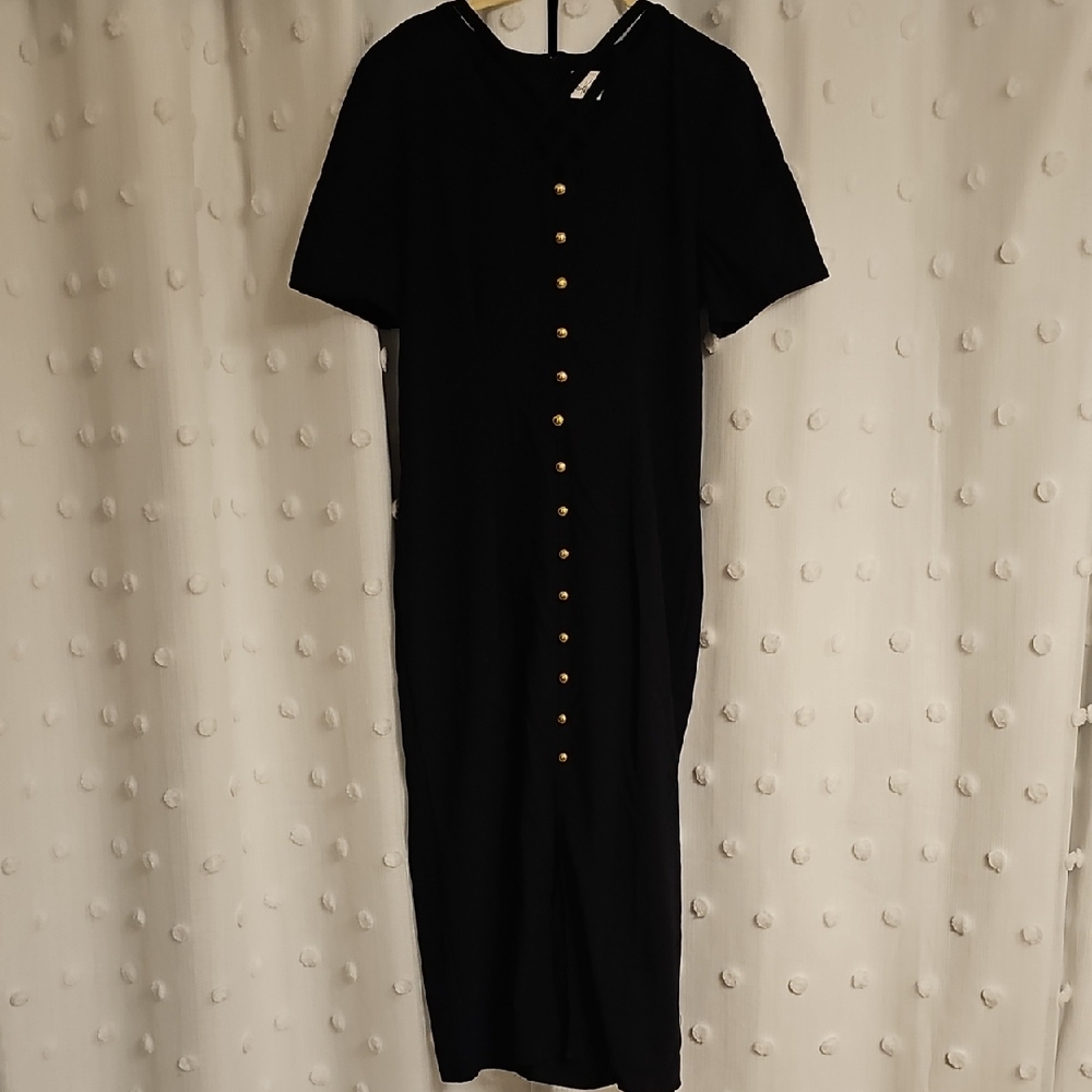 Vintage Kathie Lee Collection Black Midi Dress with Gold Buttons